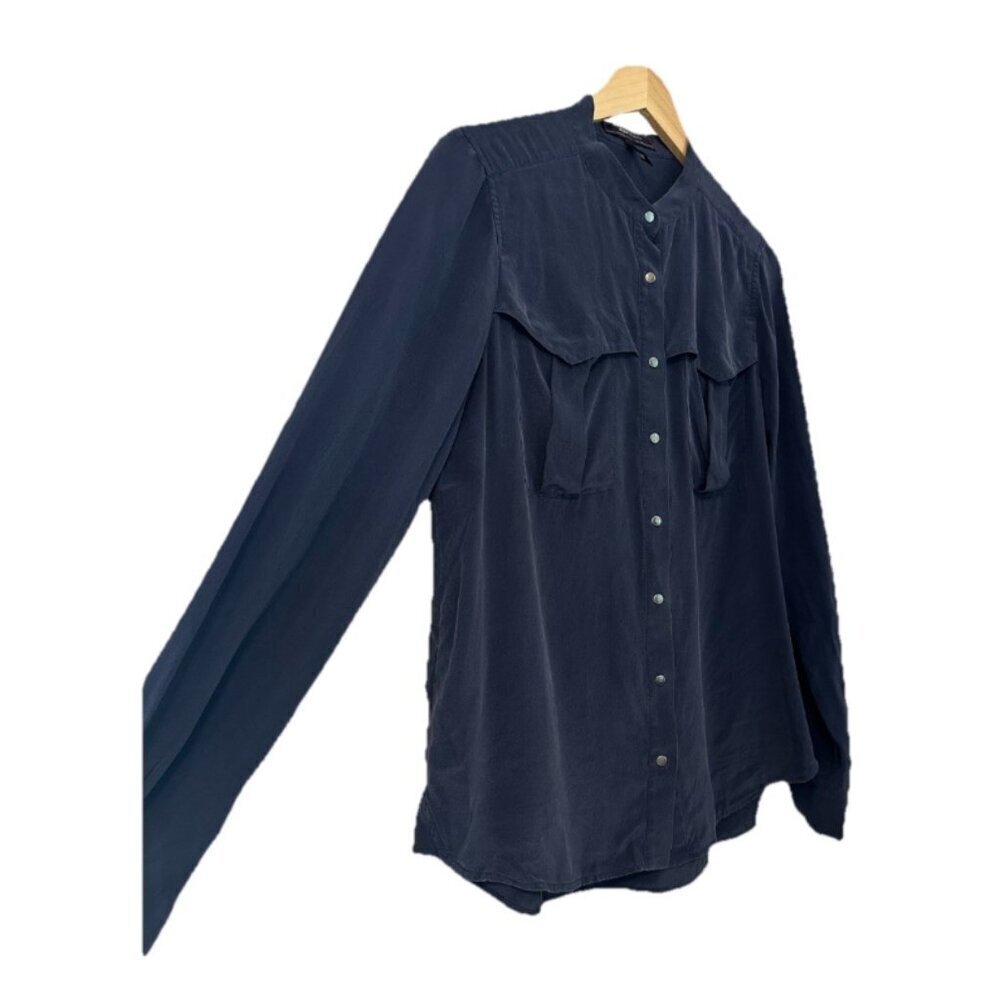BCBGMaxazria Women's Medium 100% SILK Long Sleeve Navy Blue Button Up Blouse - Picture 2 of 4